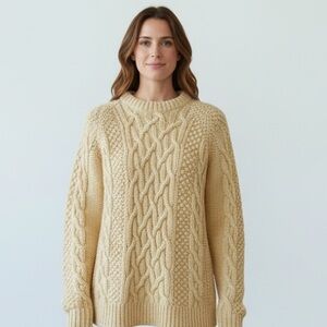 VTG Women S chunky HandKnit Cable Sweater Fishermen Wool Neutral Beige Gorpcore